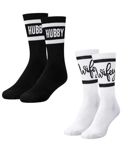 Shihanee 2 Pairs Wedding Gifts for Couples Wedding Crew Socks Bride and Groom Socks Mr and Mrs Gifts Engagement Favors(Wifey,Hubby)