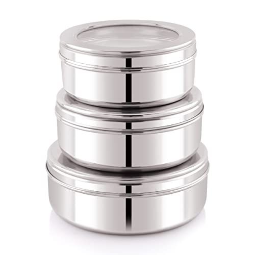 Image of Attro Stainless Steel Puri Dabba with See Through Lid, Flat Canisters, Food Storage Containers, Roti, Paratha, khakhra, Thepla, Big (1100ml), Medium (900 ml), Small (700ml) - Set of 3