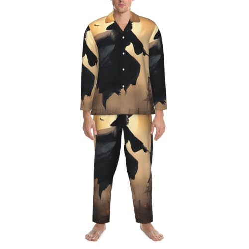 Pijama para hombre de Halloween con brujas volando para noches temáticas de descanso otoñal 5
