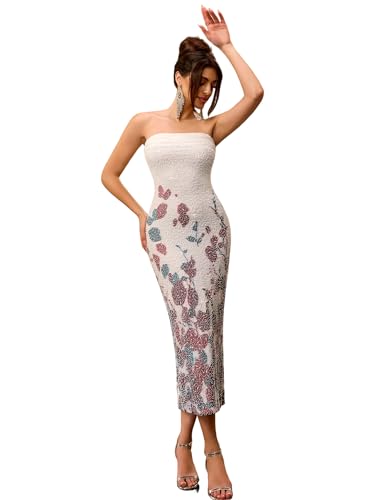 LVNES Beaded Maxi Tube Bodycon Formal Dresses for Women with Slit Strapless Ruched Wedding Guest Cocktail Dress White Red Flower-XS