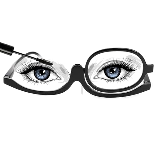 PosyLane Makeup Reading Glasses for Women, 180° Rotatable Single Flip Down Lens Makeup Glasses, +3.5 Magnifying Cosmetic Reading Glasses, Folding Makeup Essential Tool for Women (Black)