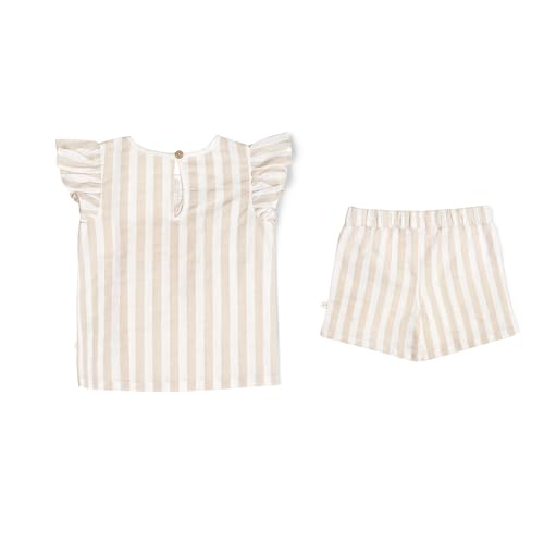 Image of MakeMake Organics GOTS Certified Organic Cotton Baby Kids Toddler Girl Top and Short Outfit Set - Beige Stripes, 2-3 Years