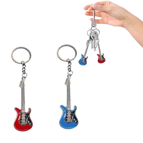 2 Porte-clés Guitare Électrique, Métal, Rock, Bleu et Écarlate - Pendentif Clé pour Décoration Cadeau
