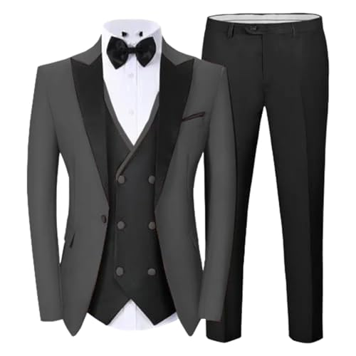 Men Double Breasted Slit Suit 2-Piece Jacket and Pants Wedding Graduation Party Set Dark Grey