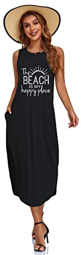 Image of Women's Casual Beach Summer Dresses Sleeveless Graphic Long Sundress Cover Up Dresses with Pocket