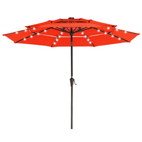 Image of JEAREY 3 Tiers Patio Umbrella with Solar Lights 9ft Outdoor Market Table Umbrellas with Push Button Tilt for Outside Pool Garden, Orange