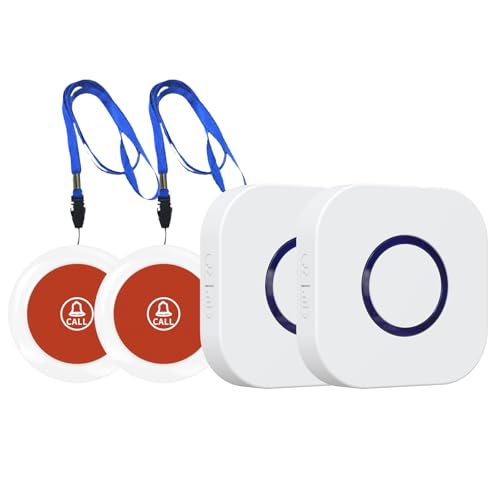Wireless Caregiver Pager Dual Receiver Home Alert System with Emergency Call Bell SOS Buzzer Buttons for Elderly Parents 1000+ Feet Range 38 Melodies AB Buttons No Monthly Fee 2RX+2TX White