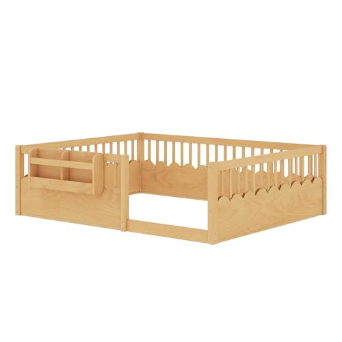 Image of Bellemave Queen Size Kids Montessori Floor Bed,Solid Wood Floor Bed Frame with Bookshelf and High Fence for Kids,Girls,Boys,Natural