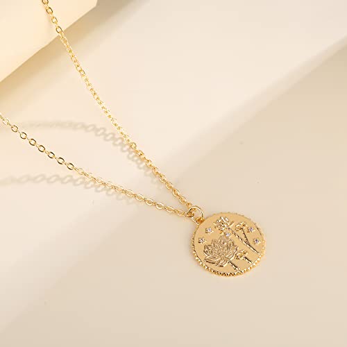 Mjartoria Birth Flower Necklace, 14K Gold Plated Gold Necklace For Women, July Lotus Necklace, Dainty Coin Necklace With Cz Cute Handmade Engraved Floral Pendant Necklace Birthday Gifts #TOP6