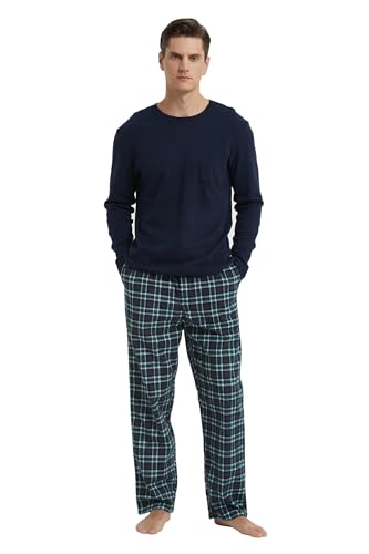 GLOBAL Pijamas Hombre Franela Cómodo Ropa Dormir Largo Suave Conjunto de Algodón Hombre Manga Larga Cuello Redondo y Pantalones Cuadros Verde Negro,L