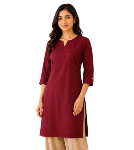 Image of Women's Rayon Solid Straight Kurti | 3 /4 Sleeve | Round Neck with V Cut | Regular Fit | Casual Office Wear Kurta for Women