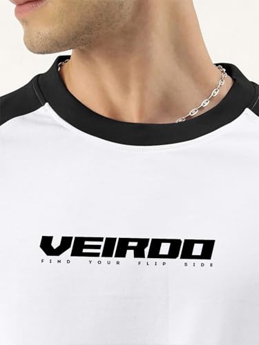Image of Veirdo 100% Pure Cotton Oversized Loose Baggy Fit Drop Shoulder Round Neck Cool Front Chest Typographic Logo Printed Raglan Sleeve T-Shirt for Men (Colors: White, Black, Swanwhite, Beige & Grey)