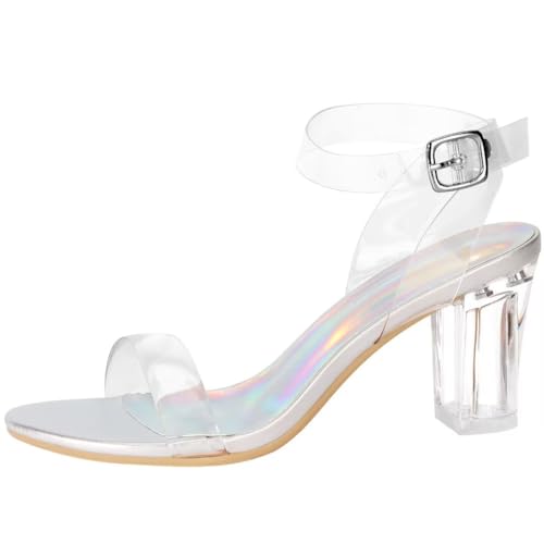 Image of ZriEy Women's Clear Heels Chunky Block Mid High Heeled Sandals | 2.75 Inch Chunky Heel, Transparent Open Toe Ankle Strap Dress Pump Shoes for Women in Daily Wear Party Wedding