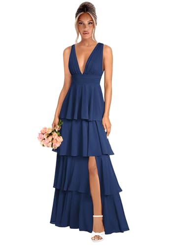 Tiered Chiffon Bridesmaid Dresses for Women Ruffle V Neck Formal Evening Dress with Slit