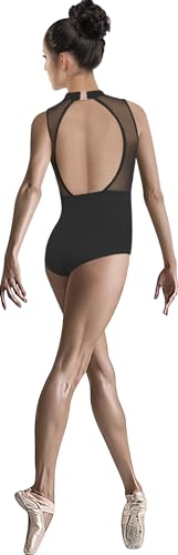 DANSHOW Maillot de ballet con cuello halter para mujer, con cuello de malla, para bailar, Negro Espalda Abierta, M