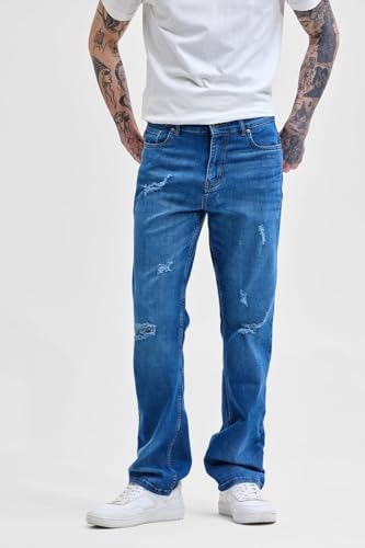 Image of SNITCH Men Jeans Casual Wear | Straight Fit Mid Rise Solid Pattern | Comfortable Cotton Blend with Medium Stretch for All Seasons