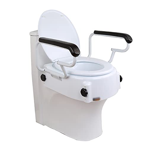 Asiento elevador ajustable para inodoro con mango de levantamiento, 3 niveles de altura, con reposabrazos acolchonados, apto para personas con discapacidad y rehabilitación de adultos mayores.