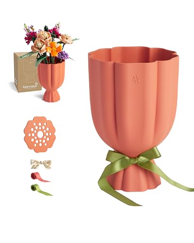 Bouquet Vase for Lego & Fresh Flowers - Flower Arrangement Vase with Grid & Ribbons Impact Resistant BPA-Free ABS Plastic Home Decor Gift for Lego & Flower Lovers (Terracotta Orange)