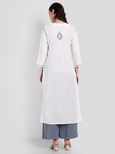 Image of Seva Chikan Hand Embroidered Lucknowi Chikankari Regular Straight Cotton Kurta Kurti for Women SCL4243