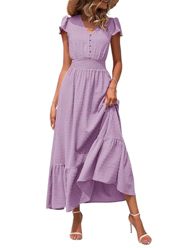 Image of CzzzyL Women Nursing Boho Maxi Dresses Cap Short Sleeve V Neck Swiss Dot High Waisted A-Line Ruffle Tiered with Pockets