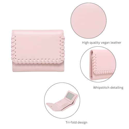 JEN & CO. Logan Whipstitch Trifold Wallet Women Vegan Leather Credit Card Holder Coin Purse Change Pouch for Women (Pink)4
