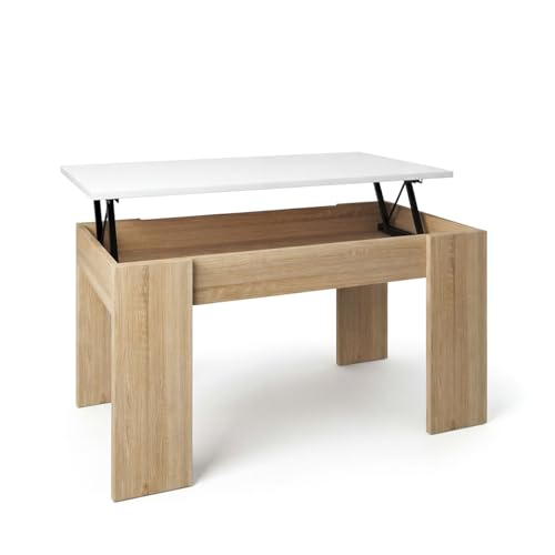 Miniatura 5 de Duehome Mesa De Centro Elevable, Mesita De Salón Comedor, Acabado En Roble Canadian Y Blanco Artik, Modelo Norak, Medidas: 90 Cm Largo X 50 Cm Ancho X 33,8 45,3 Cm Alto