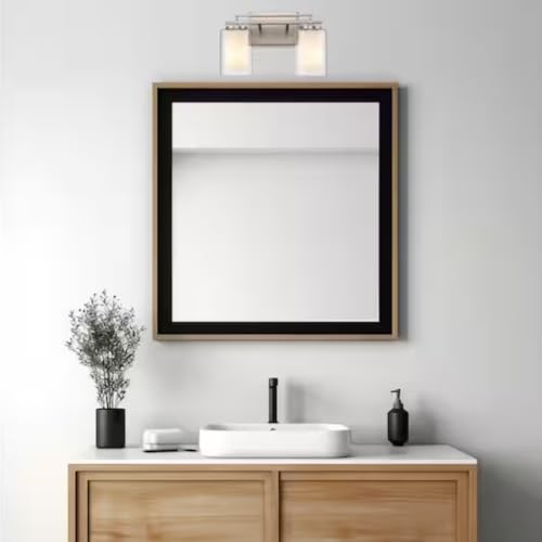 Image of TRANS GLOBE 22482 BN I Lisbon Collection 14 Inch Two-Light Bathroom Vanity - in a Brushed Nickel Finish | Metal Housing I Clear & Frosted Shades I Modern Contemporary Light Fixture |