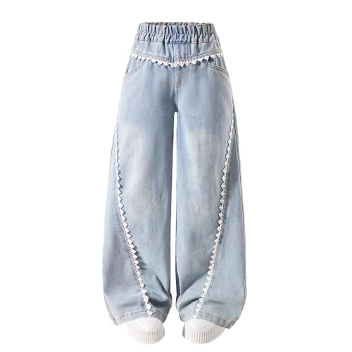 Girls Baggy Jeans, Wide Leg Pants with Lace Trim - Trendy Loose Fit Casual Pants with Pockets for Everyday Wear
