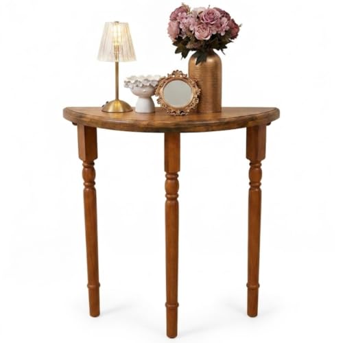 Image of Half Moon Console Table with Storage | Narrow Wooden Entryway Accent Table | Solid Semi-Circle Design for Living Room, Hallway, Foyer, Entrance Dark Teak Finish Small Size (70cm /27.5in)