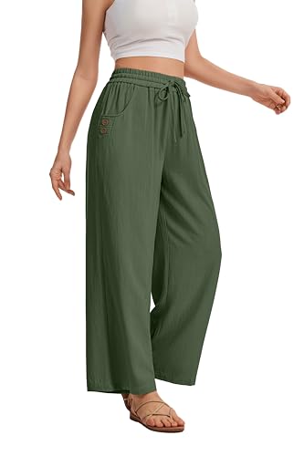 Image of KICZOY Women Flowy Pants Drawstring Waist Wide Leg Palazzo Beach Pants Loose Fit with Pockets