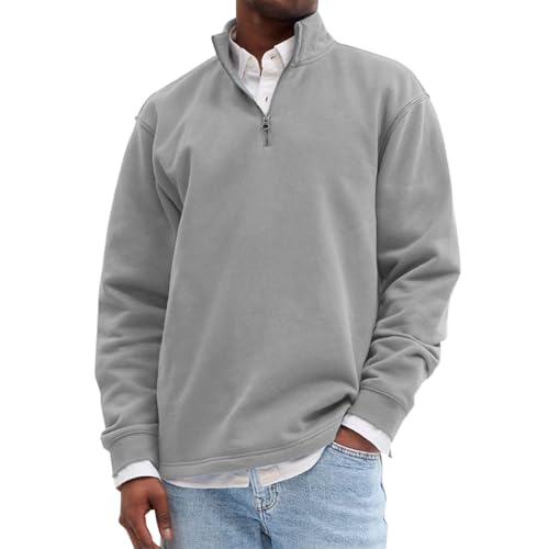 Image of 1/4 Zip Sweatshirt Mens, Loose Fit Casual Pullover Half Zip Sweatshirts Stand Collar Long Sleeve Sweatshirt Plain Soft Work Jumper Tops Solid Color Lightweight Casual Sweatshirts Sweatshirt Grey