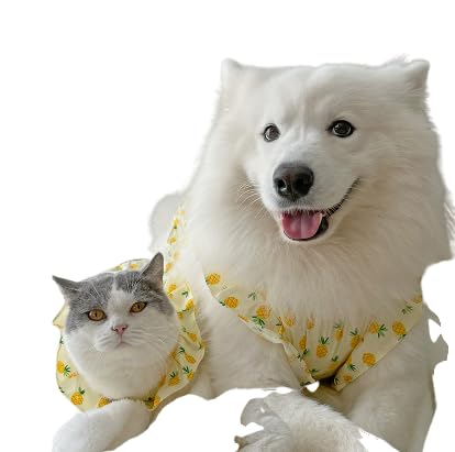 Generic ペットドレス 犬用プリンセスガウン 春夏仕様 薄手 通気性 フライスリーブデザイン かわいいパイナップルプリント サモエド メイン用 ウェア ドッグファッション お出かけ着 室内用 おしゃれ 快適 (黄L)