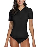 BesserBay Damen Surf Shirt Kurzarm Rashguard Shirt 1/4 Zip Sonnenschutz Badeanzug Schwarz S