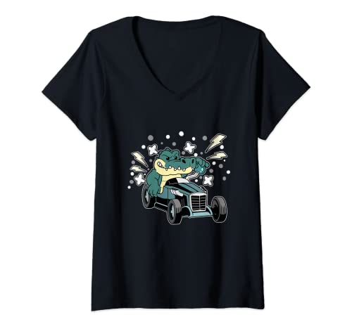 Damen Lustiges Krokodil Rennen Auto Rennwagen Alligator Rennauto T-Shirt mit V-Ausschnitt