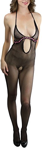 Image of ToBeInStyle Women's Bodystocking Crotchless Peek-A-Boo Fishnet Lace Bodysuit
