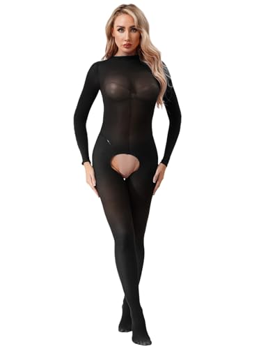 SiiRoh Lingiere Transparent Femme Bodystocking Ouvert Entrejambe Bodycon Combinaison Catsuit Noir Taille unique