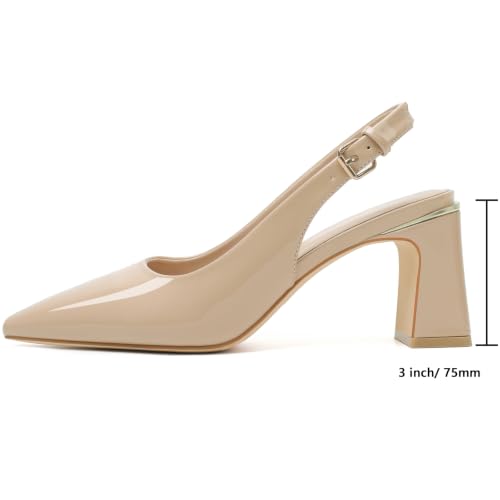 Image of Mostrin Kitten Heels for Women Pointed Toe Pumps Patent Leather Low Heel Slingback Heels with Buckle Dress Shoes for Dating Party Working