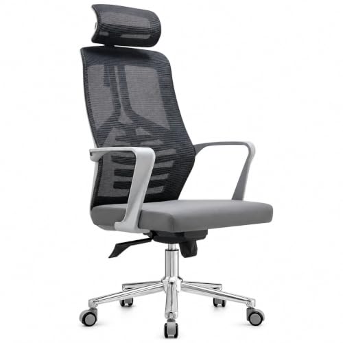 Image of Ergonomic High Back Mesh Office Chair with Headrest - Grey Revolving Executive Desk Chair with Breathable Mesh Back, Fixed Armrest & Chrome Base for Home & Office