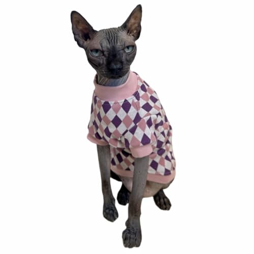 Vintage Mulan Cotton Sphynx Hairless Cats Shirt Cat Turtleneck Pet Clothes Kitten T-Shirts with Sleeves for Sphynx Cornish Rex, Devon Rex, Peterbald (Rhombus Pink, X-Large)