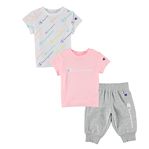 Image of Champion Sets Baby Girl Newborn Two Tees and Fleece Pant 3 Piece Set Baby Clothes (White AOP SS/Pink Candy SS/Oxford Heather Fleece, 0-3 Months, 3_months)