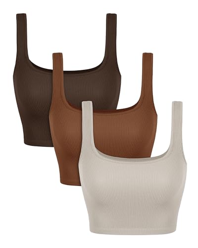 Image of ODODOS 3-Pack Seamless Square Neck Crop Tank for Women Ribbed Knit Soft Low Back Cropped Tops