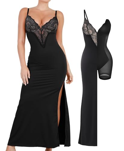 Image of Popilush Maxi Dresses for Women Deep V Neck Shapewear Lace Satin high Slit Bodycon Cocktail Dress Party Going Out