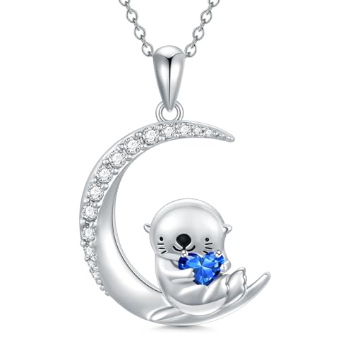 Image of PROESS Animal Birthstone Necklace 925 Sterling Silver Otter /Axolotl /Hippo /Elephant /Dachshund /Monkey /Red Panda Pendant Necklace Animal Birthstone Jewelry Gifts for Women