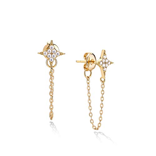 Dainty Chain Stud Earrings for Women 14K Gold Plated Shiny CZ Star Dangle Cahin Earrings Simple Hypoallergenic Piercing Earrings for Women Sensitive Ear