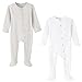 BINIDUCKLING Baby 2er Pack Druckknopf Schlafanzug, mit Fuß, mit Fäustlings Bündchen, Baumwolle - Langarm Baby Strampler Baby Pyjamas für Jungen Mädchen 0-3 Monate, Beige Grau & Weiß