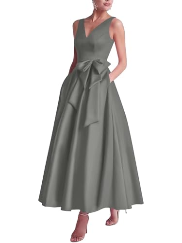 Satin Mother of The Bride Dresses with Bow V Neck A-Line Tea Length Formal Gowns