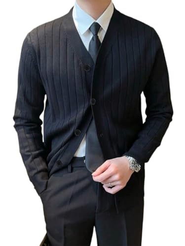 Men's Solid Button Front Cardigan Plain Black Office Fashion Knitwear Top for Men