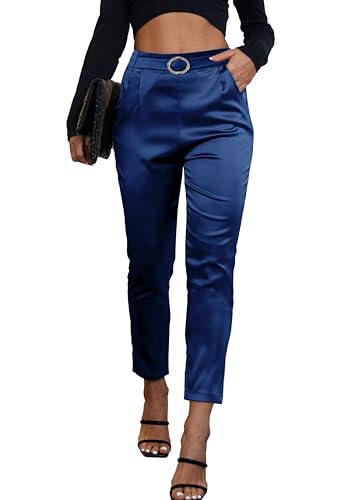 Women's Satin Pants Dress Casual Party Wedding Night Pull on High Waist Pants Blue