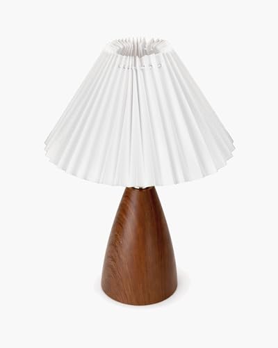Image of Homesake Wood Grain Pattern Small Table Lamp, Desk Light, Wooden Bedroom Lamps for Nightstand, Scalloped Lamp Shade Table Lamps Small Spaces, Bedroom, Living Room, Taper Cone, (Pleated White)