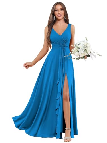 Image of BOLENSYE Bridesmaid Dresses Long Ruched Ruffles Chiffon A Line Evening Party Gown with Pockets Slit